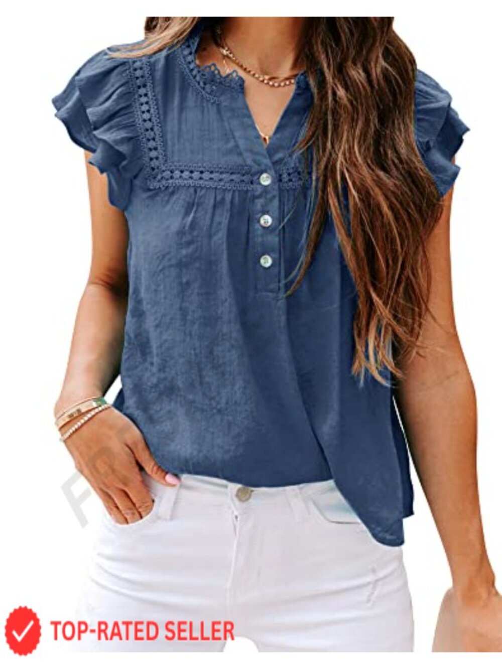 Women's Lace Crochet V Neck Button Down Short Sleeve Blouse Top